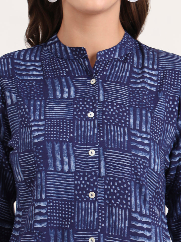 Divena Blue Rayon Rollup Sleeves A-Line Top