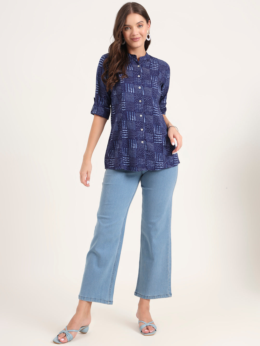 Divena Blue Rayon Rollup Sleeves A-Line Top