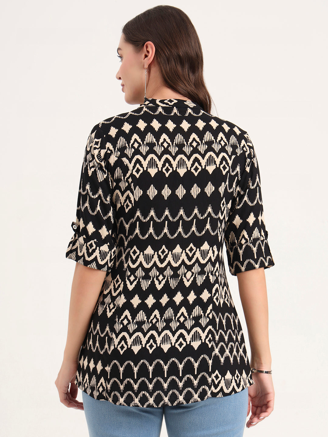 Divena Black Rayon Rollup Sleeves A-Line Top