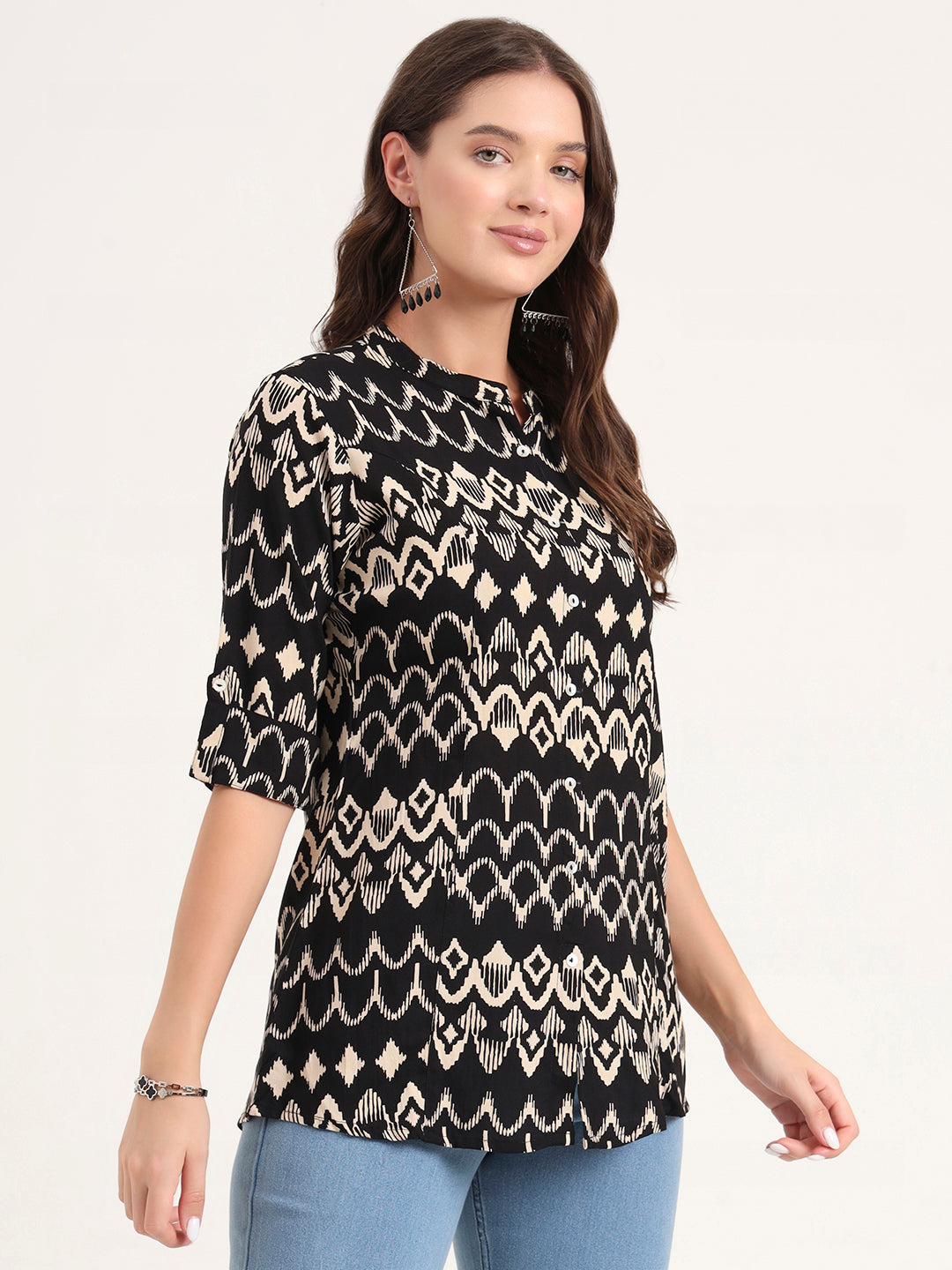 Divena Black Rayon Rollup Sleeves A-Line Top