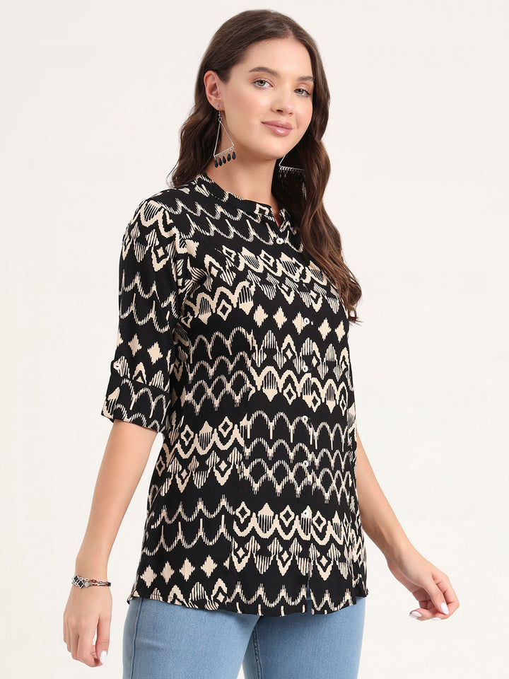 Divena Black Rayon Rollup Sleeves A-Line Top