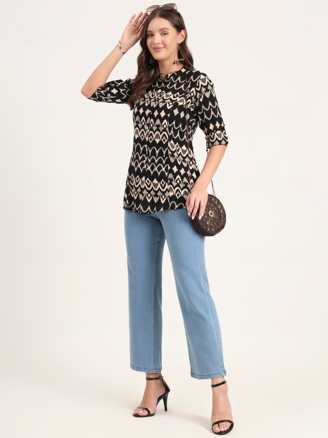 Divena Black Rayon Rollup Sleeves A-Line Top