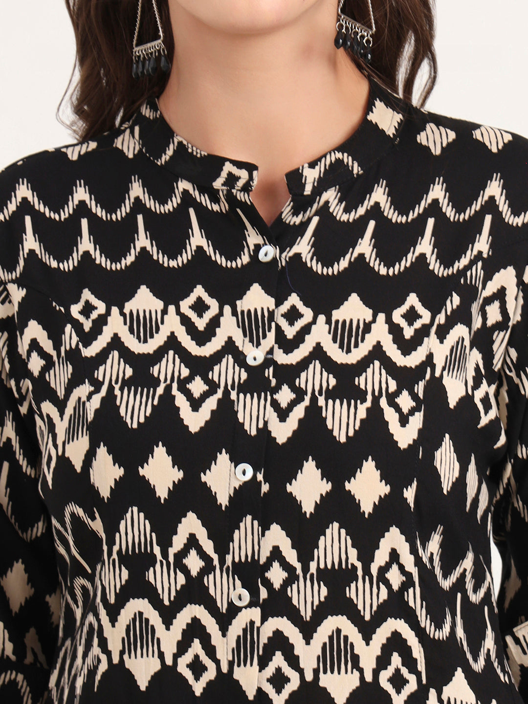 Divena Black Rayon Rollup Sleeves A-Line Top
