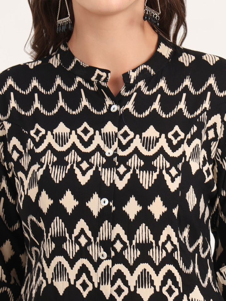 Divena Black Rayon Rollup Sleeves A-Line Top
