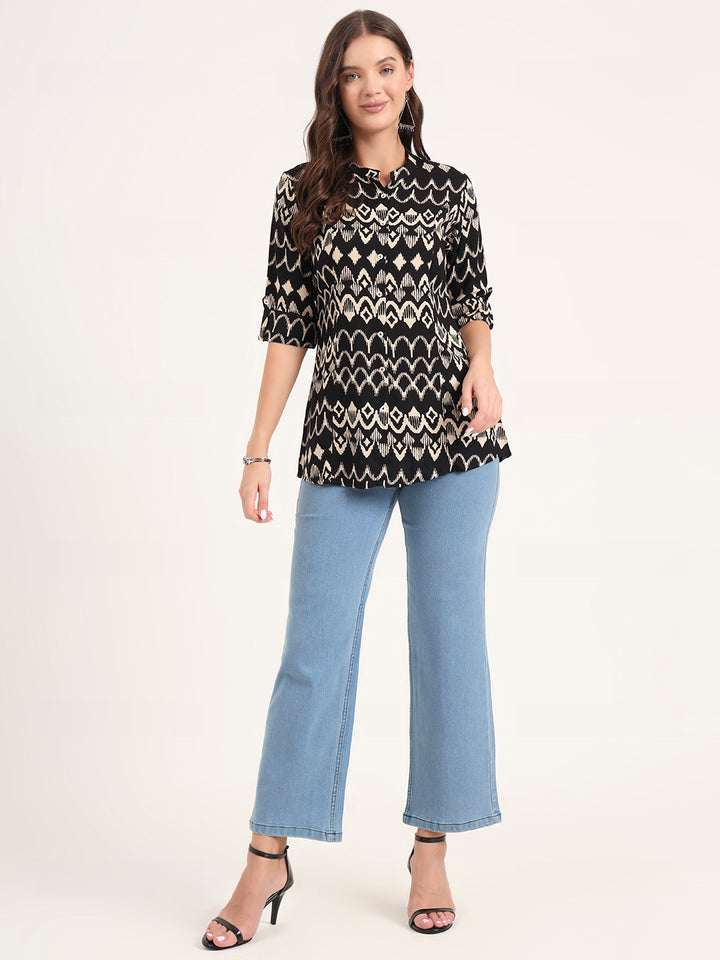 Divena Black Rayon Rollup Sleeves A-Line Top