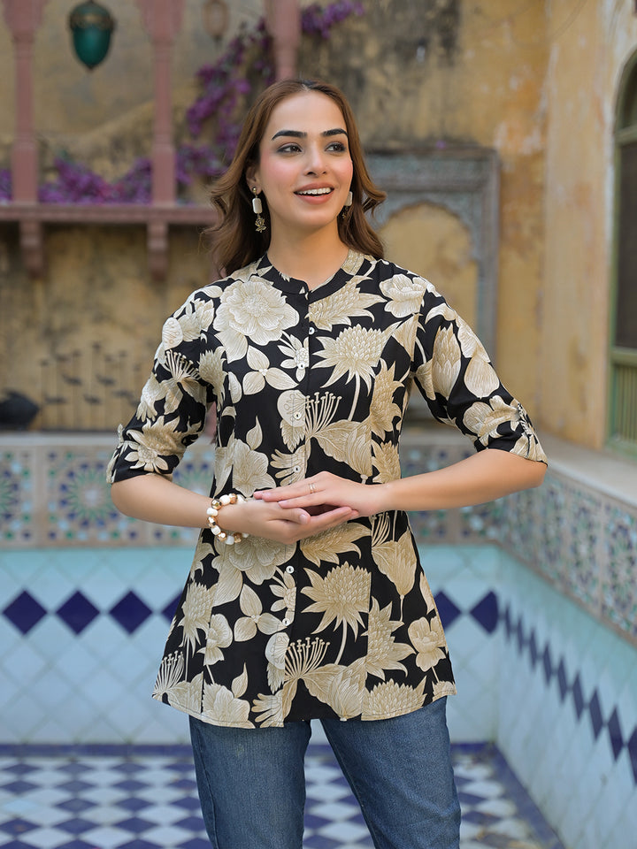 Divena Black Printed Rayon A-Line Top