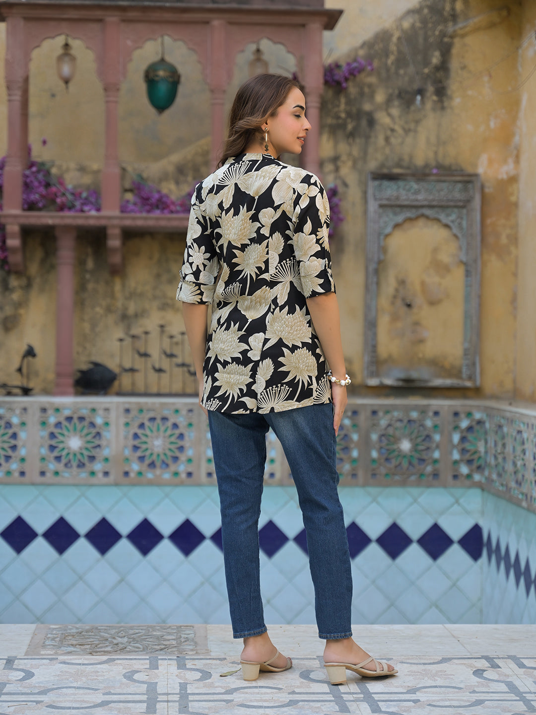Divena Black Printed Rayon A-Line Top
