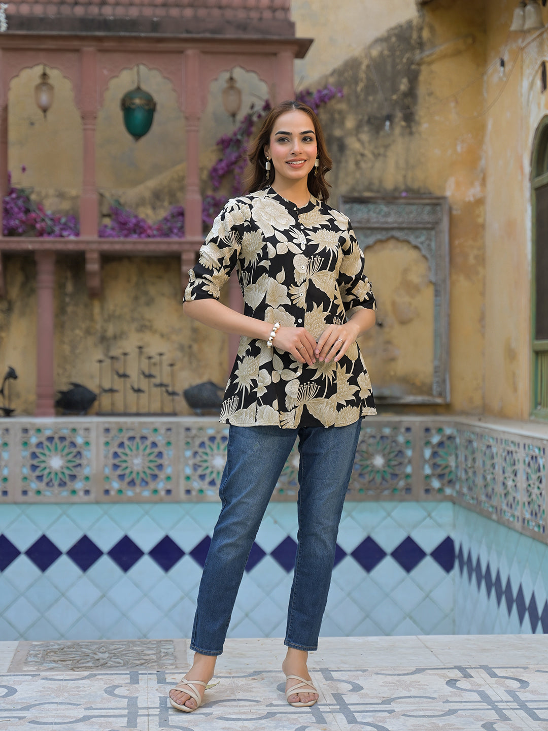 Divena Black Printed Rayon A-Line Top