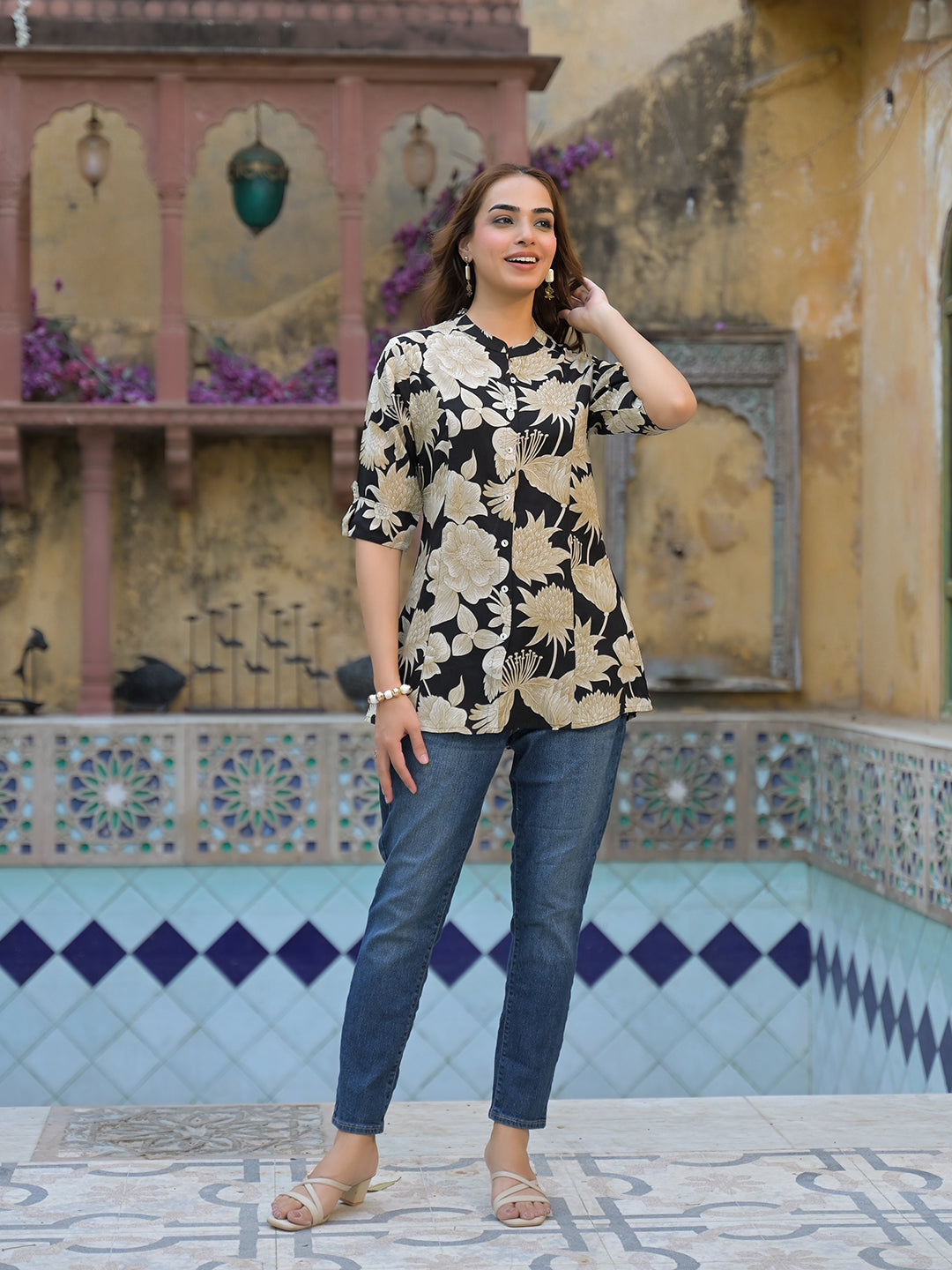 Divena Black Printed Rayon A-Line Top