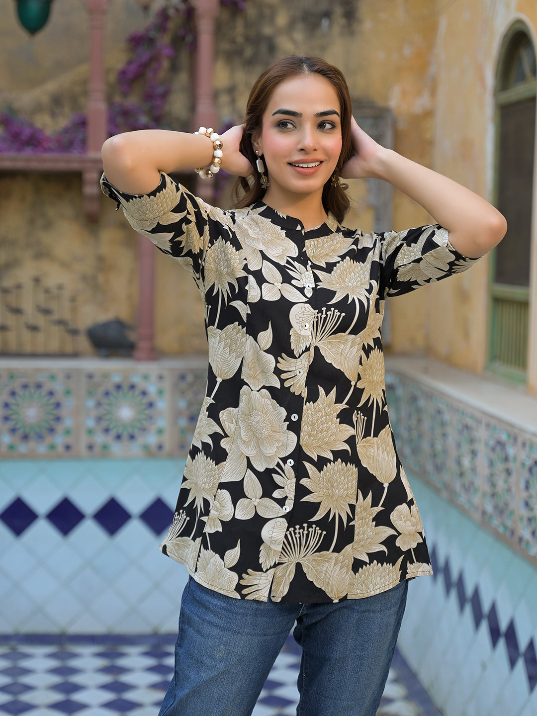 Divena Black Printed Rayon A-Line Top