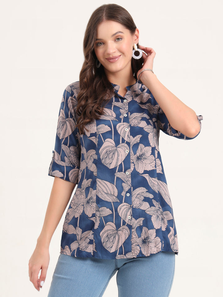 Divena Navy Blue Rayon Rollup Sleeves A-Line Top