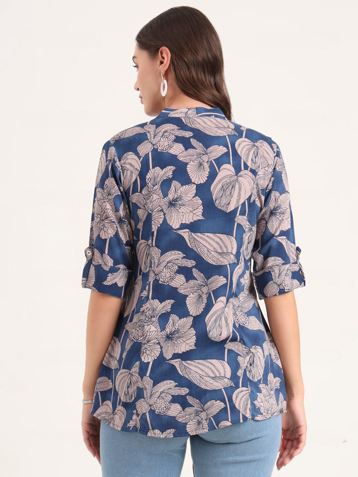 Divena Navy Blue Rayon Rollup Sleeves A-Line Top