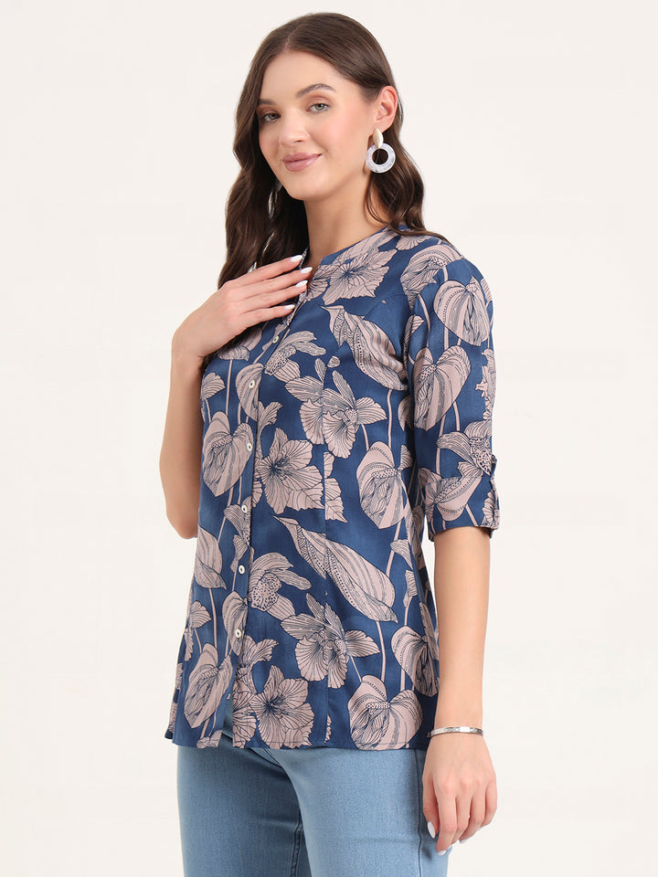 Divena Navy Blue Rayon Rollup Sleeves A-Line Top