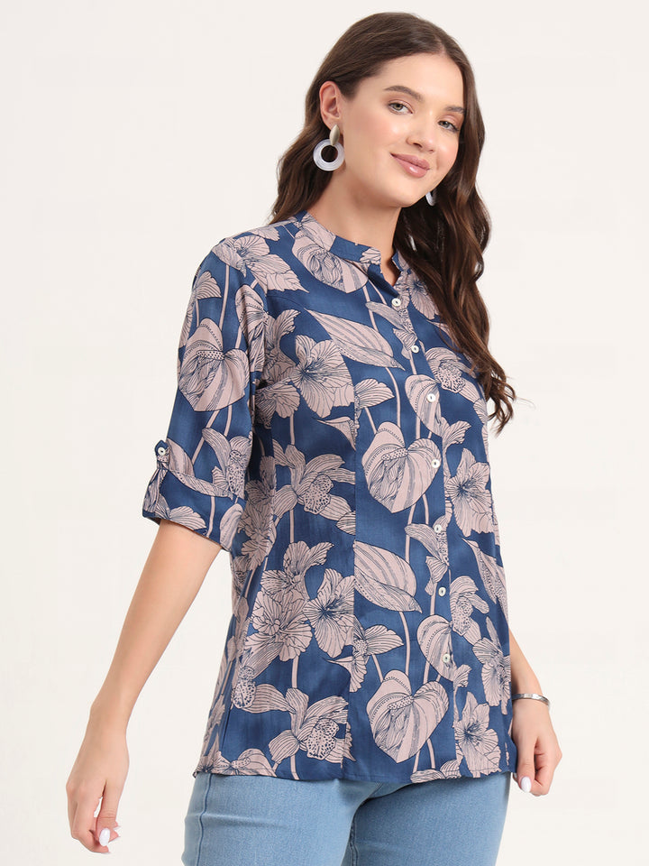 Divena Navy Blue Rayon Rollup Sleeves A-Line Top