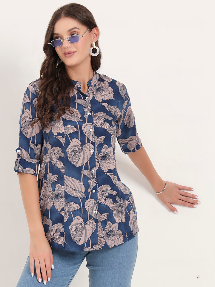 Divena Navy Blue Rayon Rollup Sleeves A-Line Top