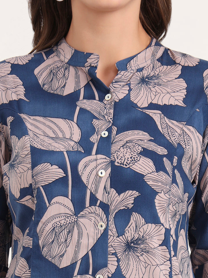 Divena Navy Blue Rayon Rollup Sleeves A-Line Top