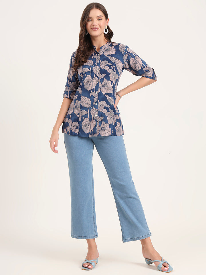 Divena Navy Blue Rayon Rollup Sleeves A-Line Top