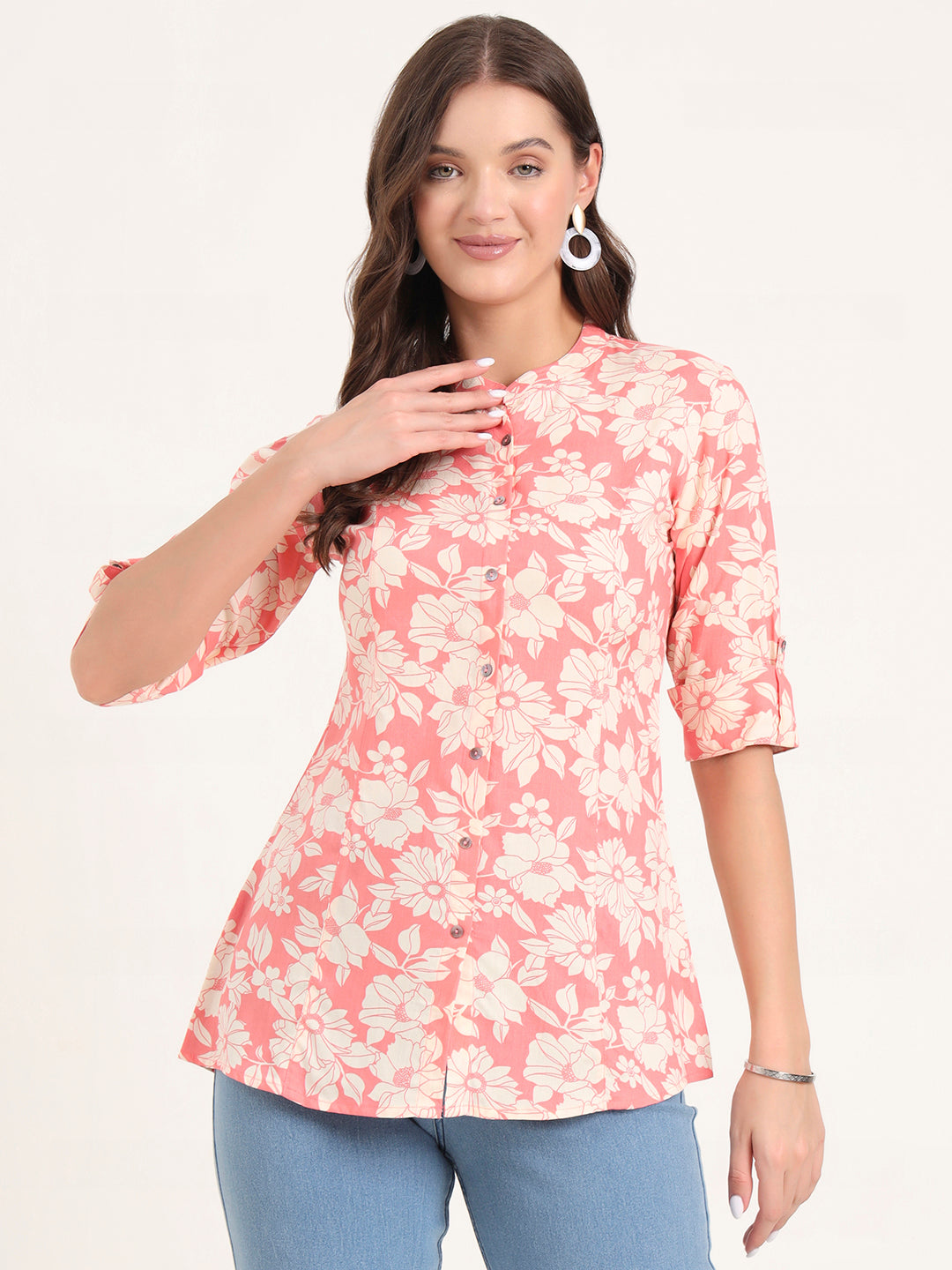 Pink Rayon Rollup Sleeves A-Line Top — view 1