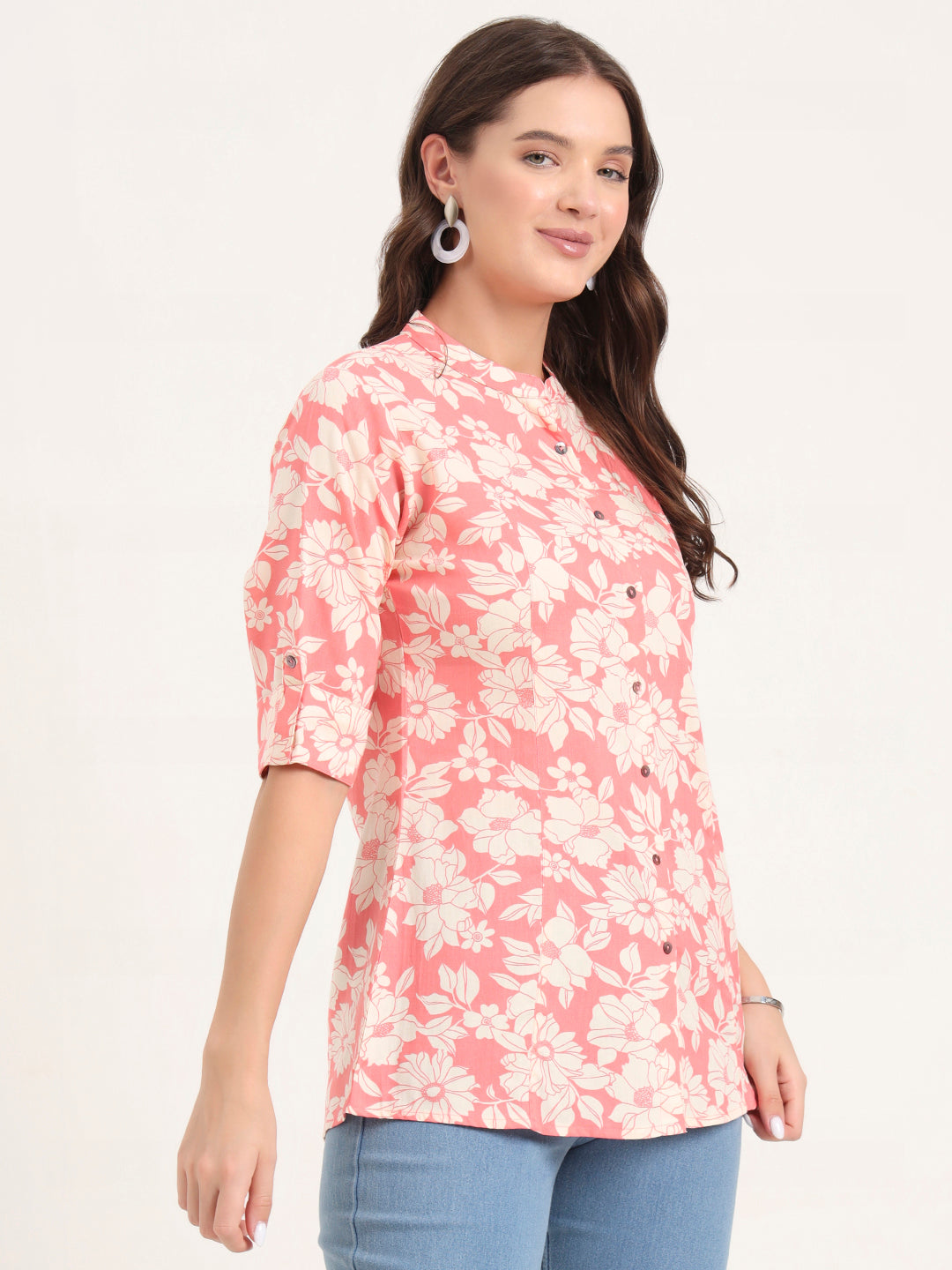 Divena Pink Rayon Rollup Sleeves A-Line Top