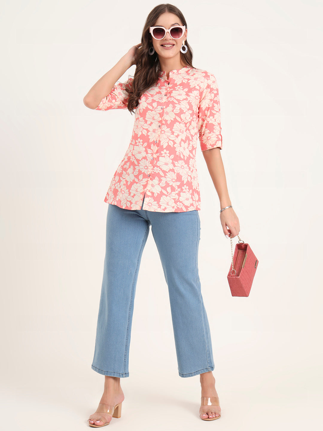 Divena Pink Rayon Rollup Sleeves A-Line Top