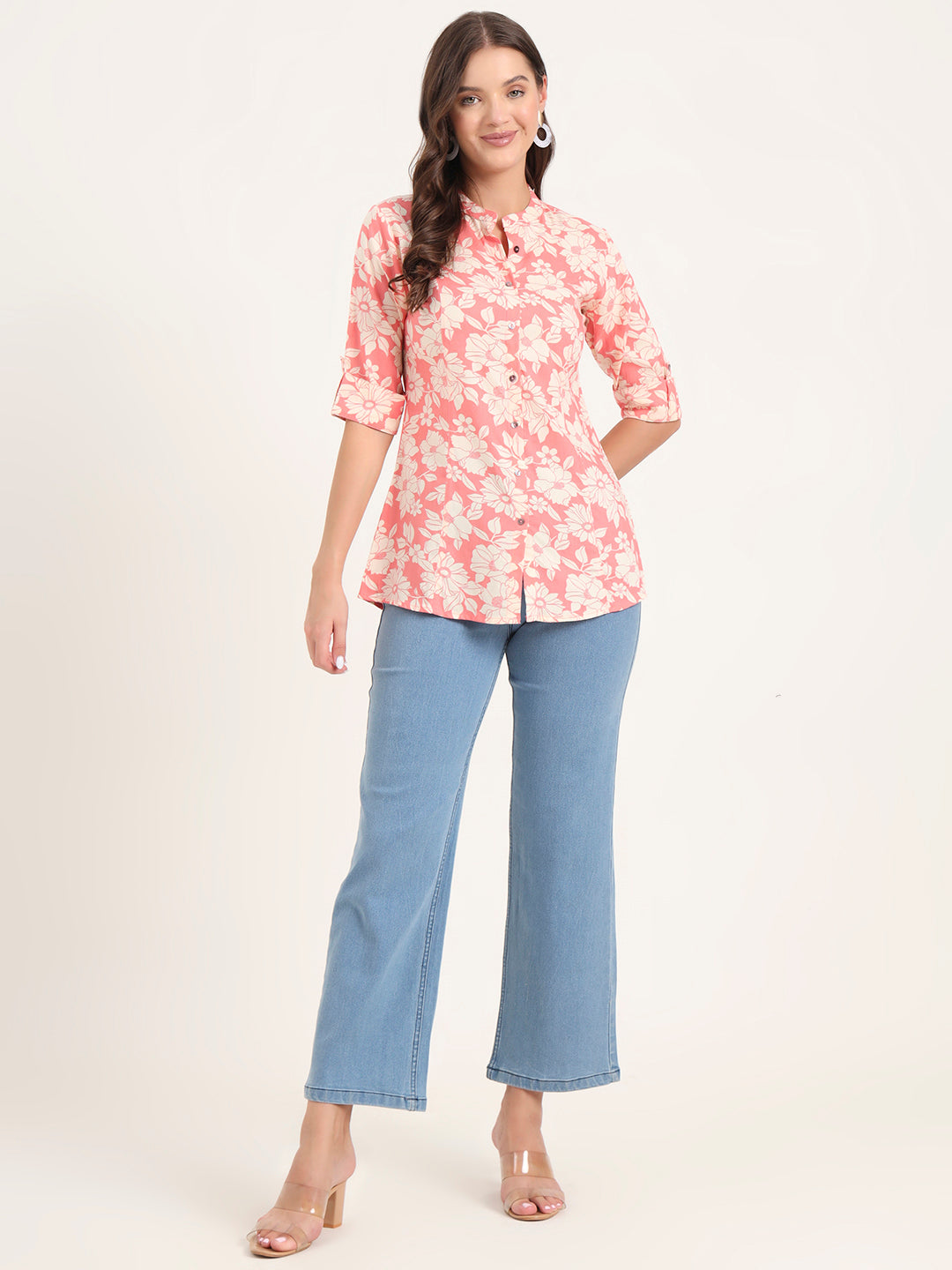 Divena Pink Rayon Rollup Sleeves A-Line Top