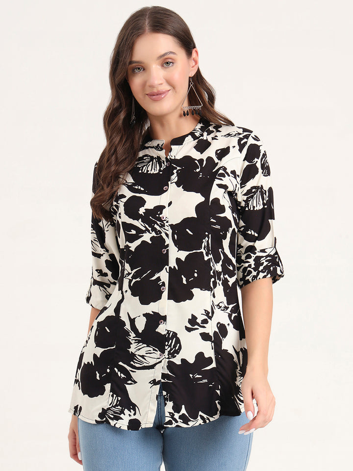 Divena Black Rayon Rollup Sleeves A-Line Top