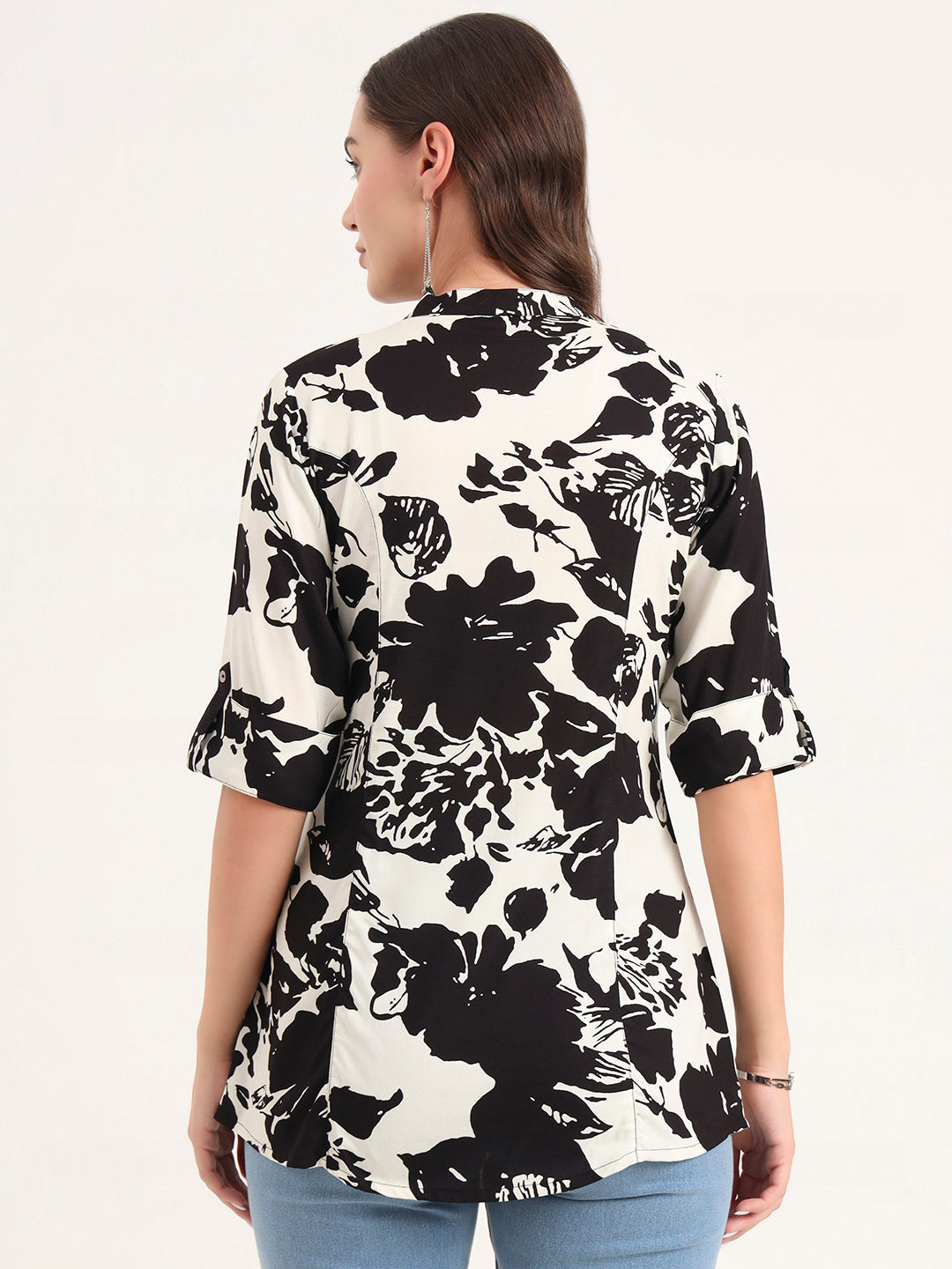 Divena Black Rayon Rollup Sleeves A-Line Top