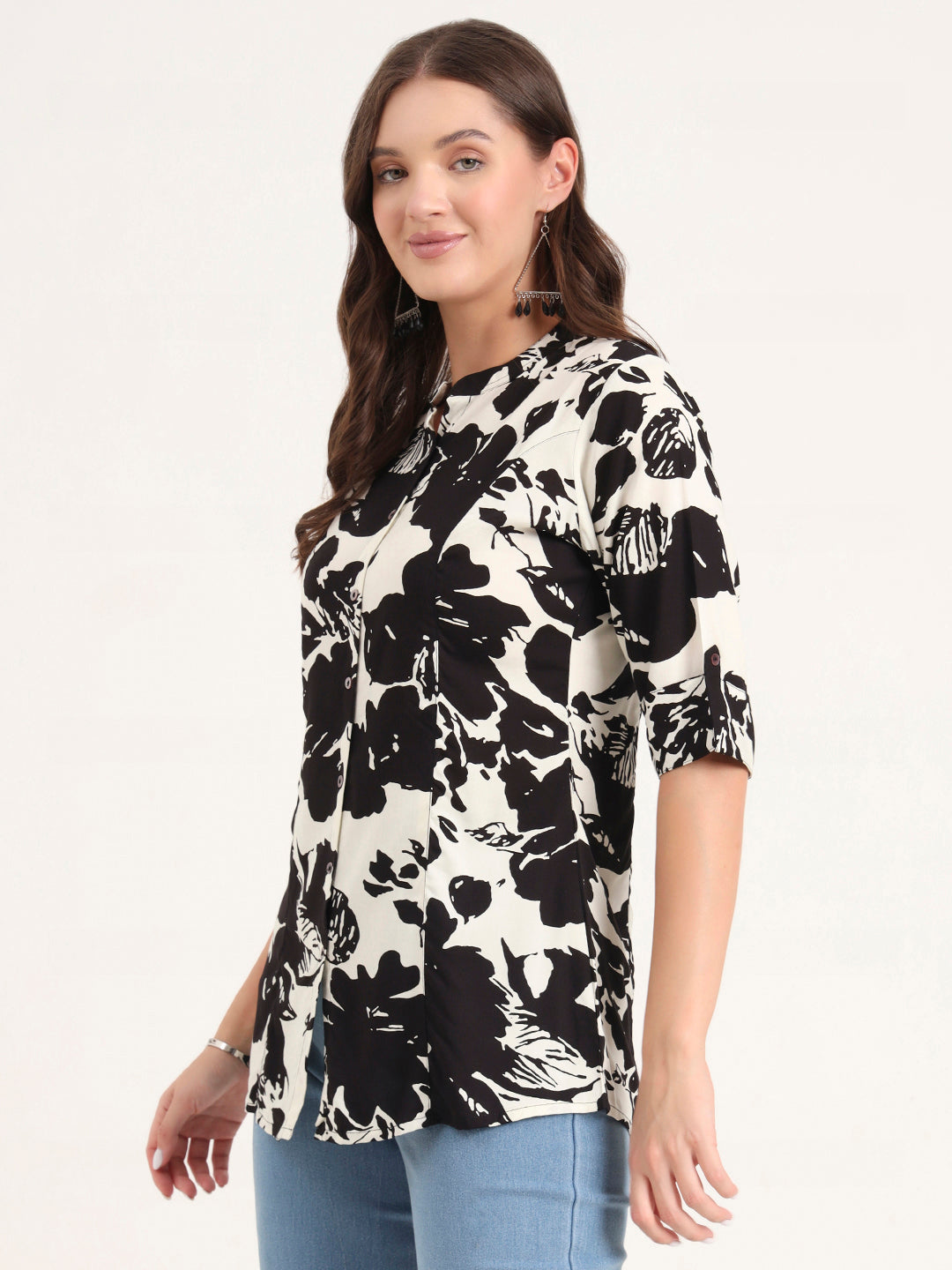 Divena Black Rayon Rollup Sleeves A-Line Top