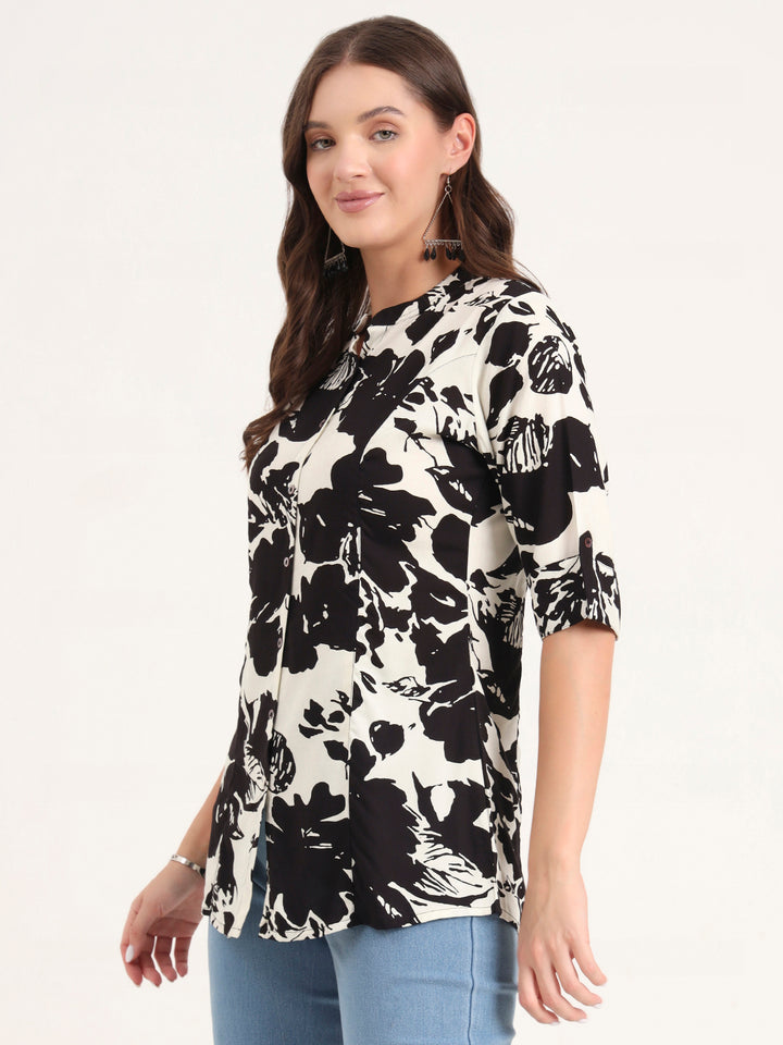 Divena Black Rayon Rollup Sleeves A-Line Top