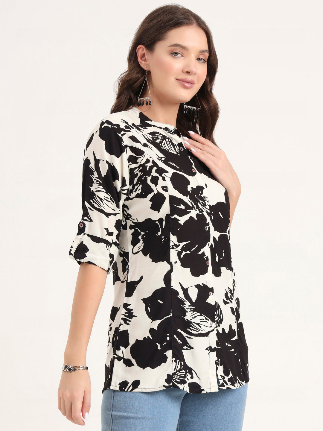 Divena Black Rayon Rollup Sleeves A-Line Top