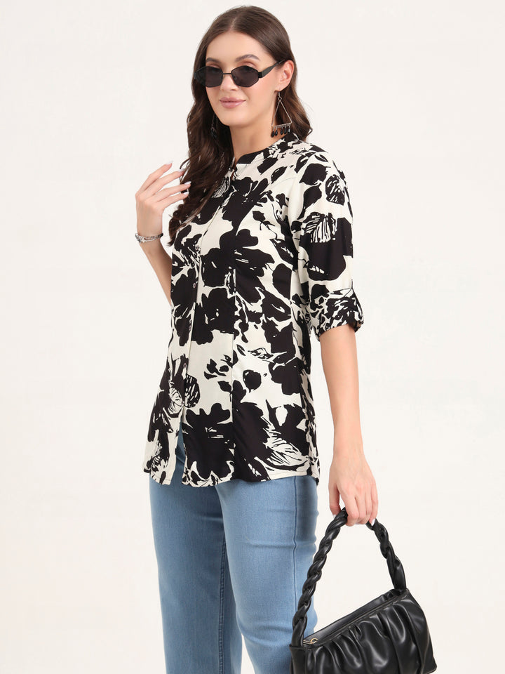 Divena Black Rayon Rollup Sleeves A-Line Top