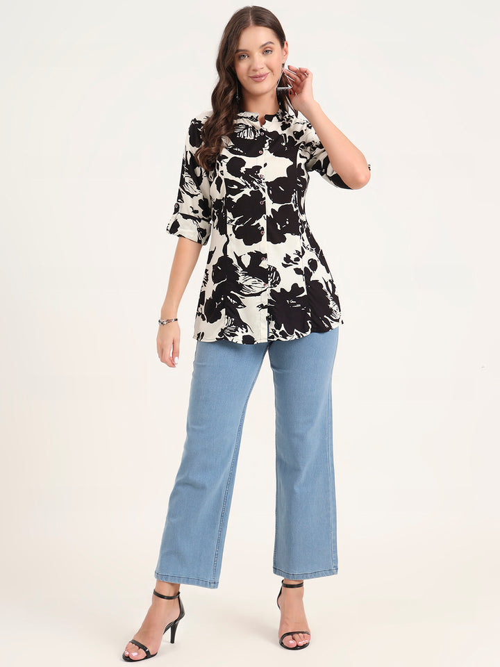 Divena Black Rayon Rollup Sleeves A-Line Top
