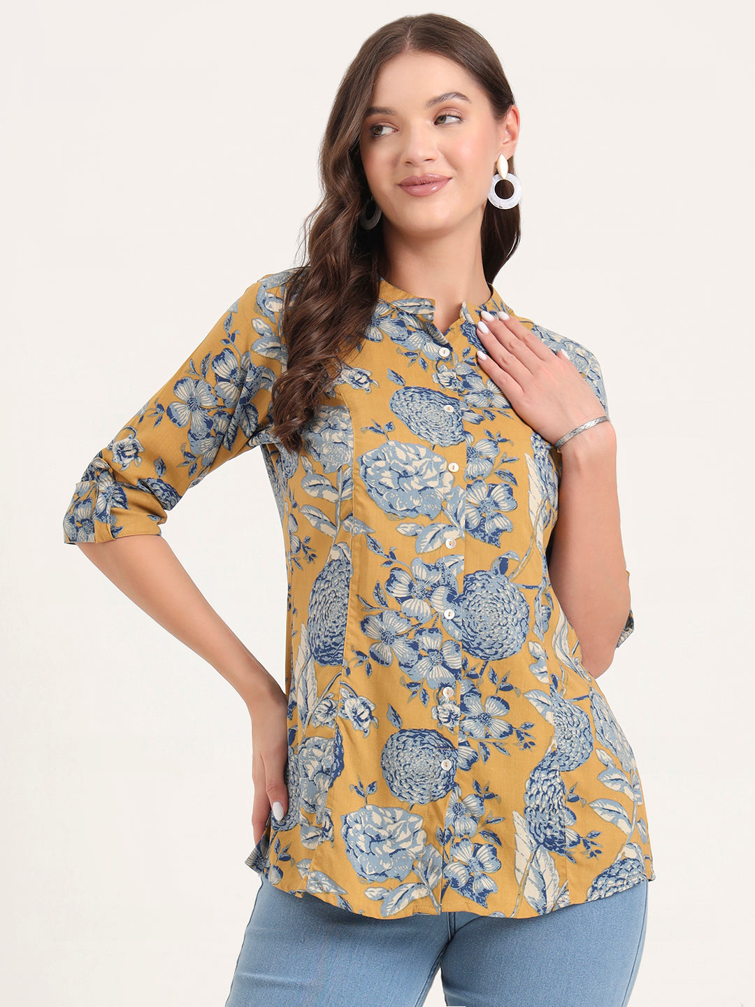 Mustard Rayon Rollup Sleeves A-Line Top — view 1