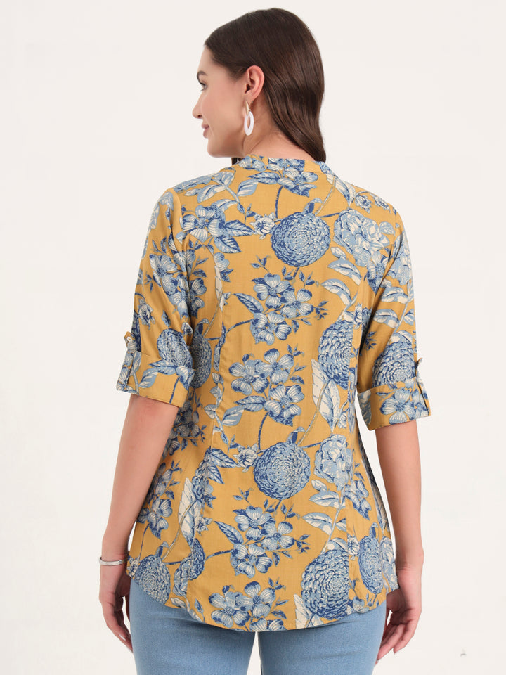 Divena Mustard Rayon Rollup Sleeves A-Line Top