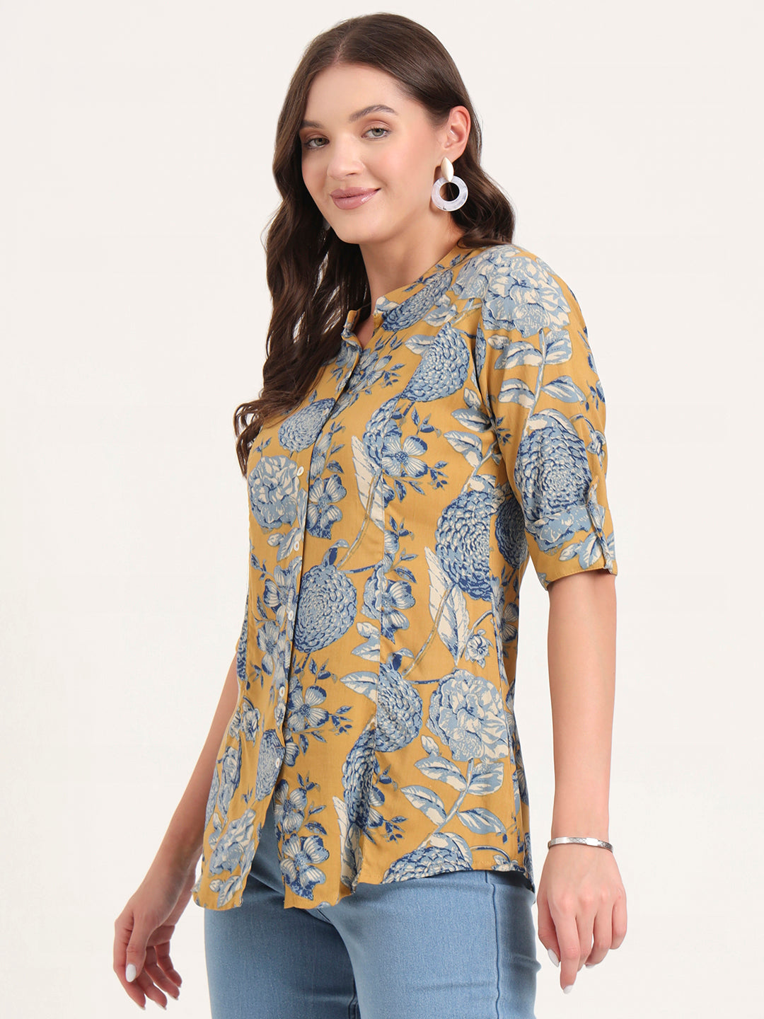 Divena Mustard Rayon Rollup Sleeves A-Line Top