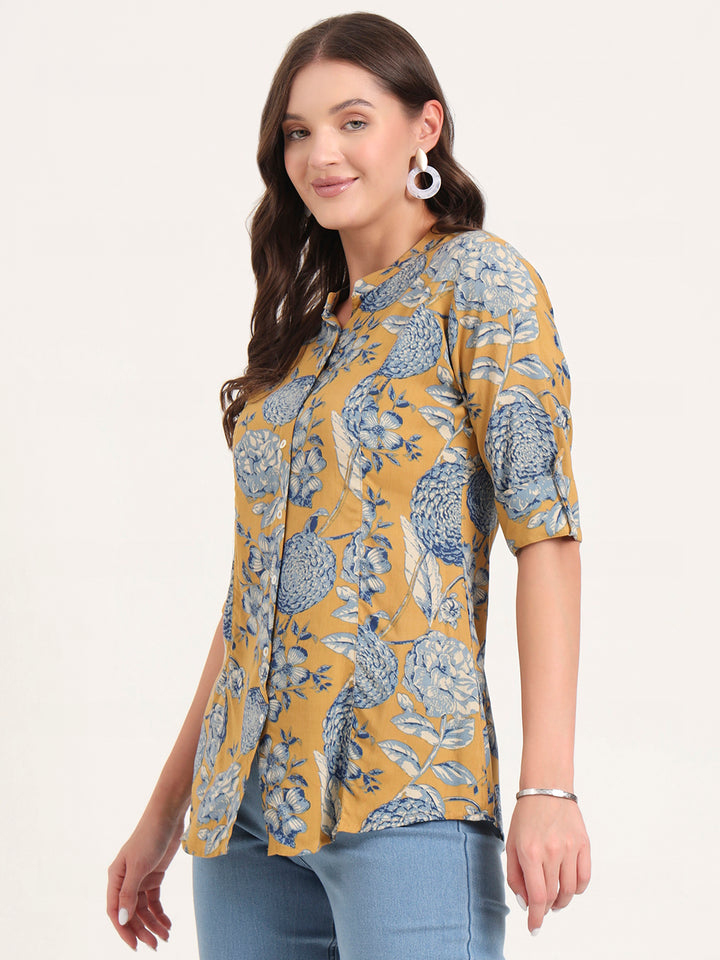 Divena Mustard Rayon Rollup Sleeves A-Line Top