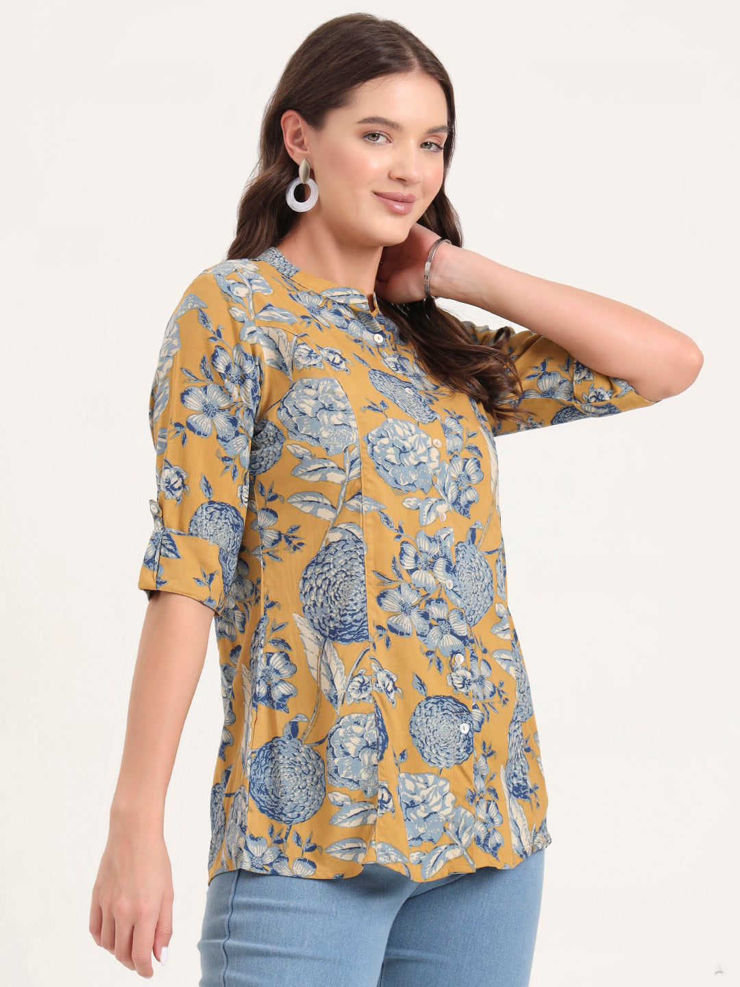 Divena Mustard Rayon Rollup Sleeves A-Line Top
