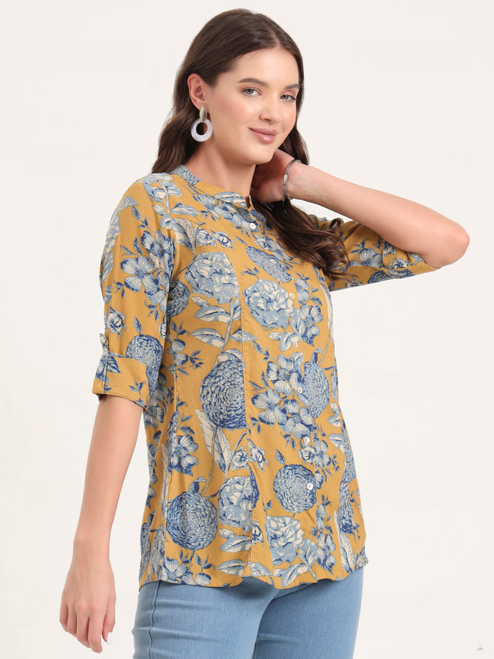 Divena Mustard Rayon Rollup Sleeves A-Line Top
