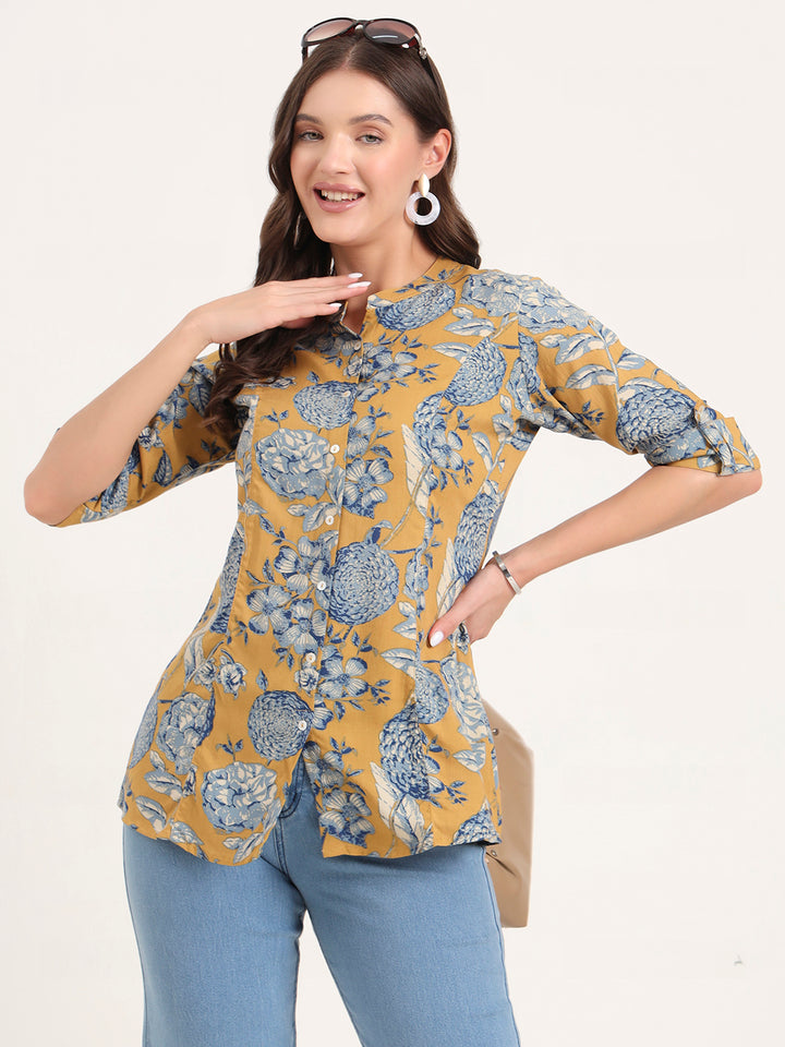 Divena Mustard Rayon Rollup Sleeves A-Line Top