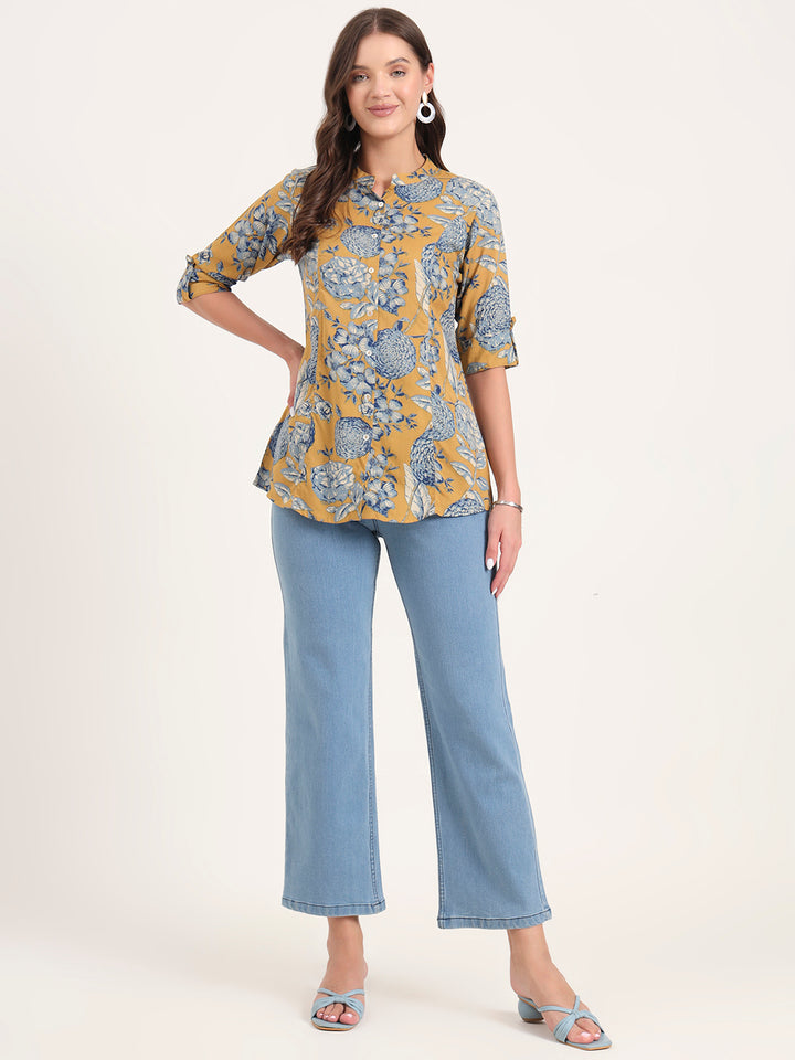 Divena Mustard Rayon Rollup Sleeves A-Line Top