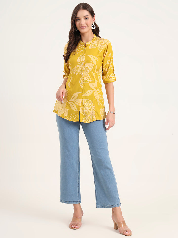 Divena Mustard Rayon Rollup Sleeves A-Line Top