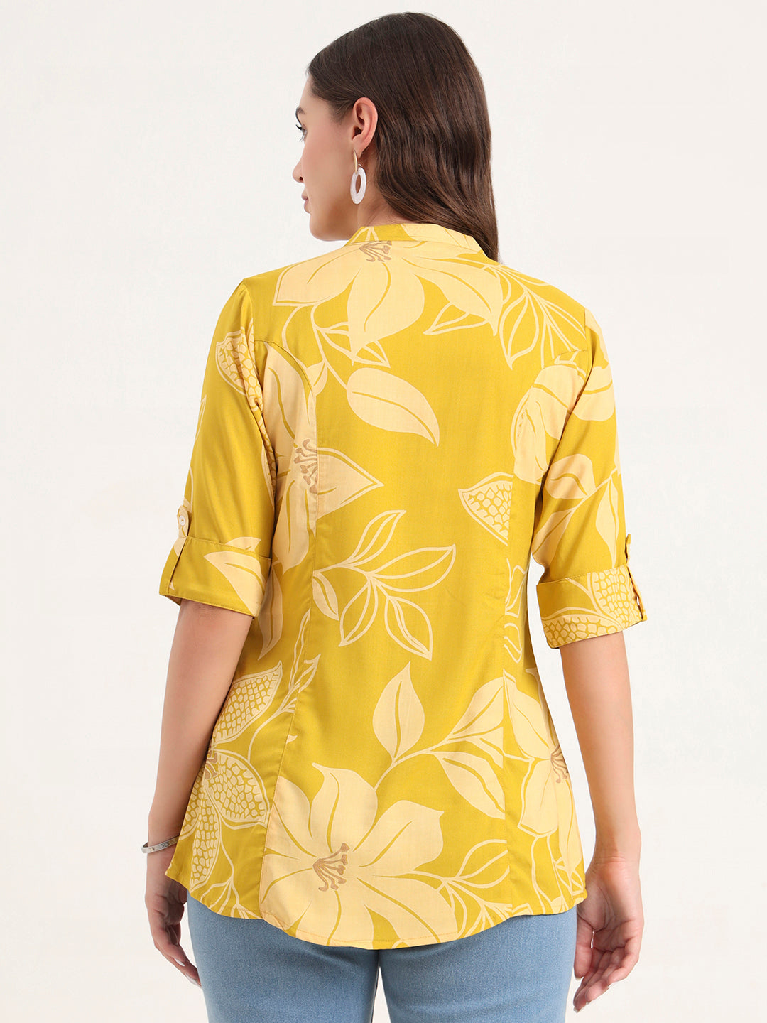 Divena Mustard Rayon Rollup Sleeves A-Line Top