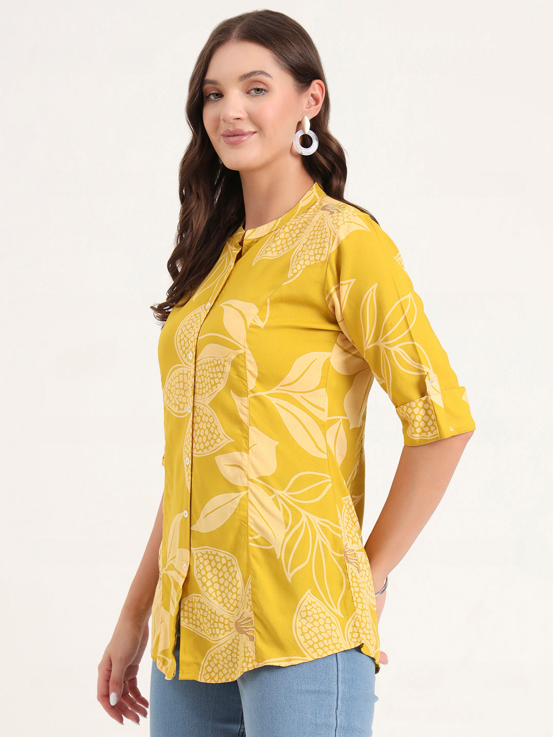 Divena Mustard Rayon Rollup Sleeves A-Line Top