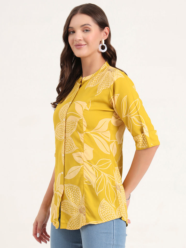 Divena Mustard Rayon Rollup Sleeves A-Line Top