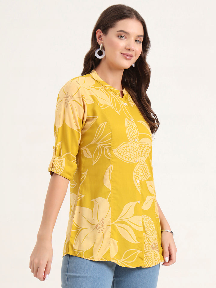 Divena Mustard Rayon Rollup Sleeves A-Line Top