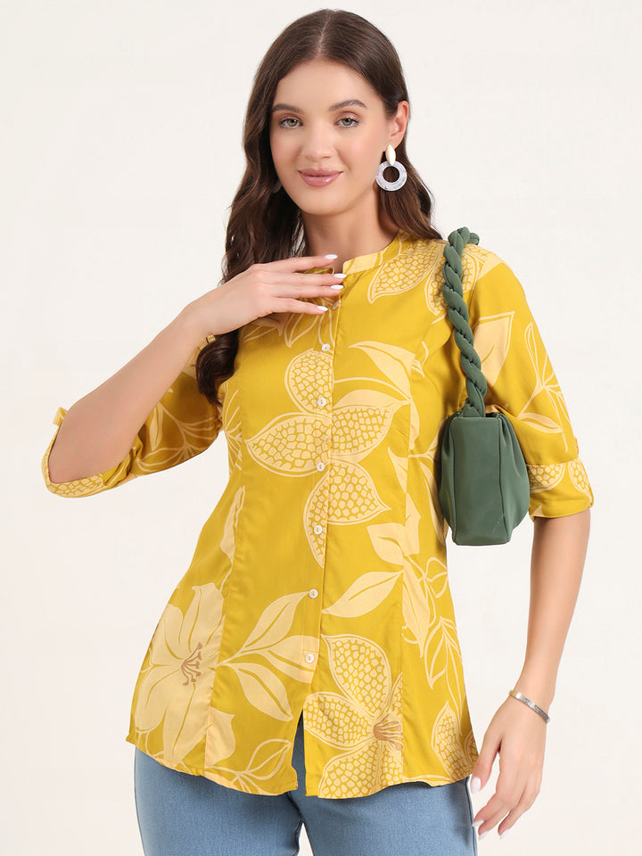 Divena Mustard Rayon Rollup Sleeves A-Line Top