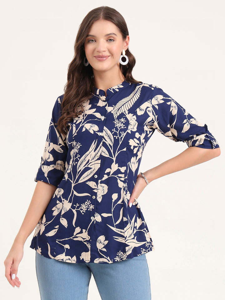 Divena Blue Rayon Rollup Sleeves A-Line Top