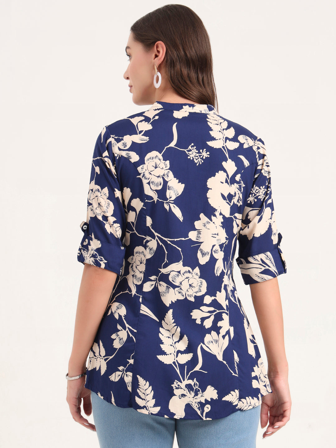 Divena Blue Rayon Rollup Sleeves A-Line Top