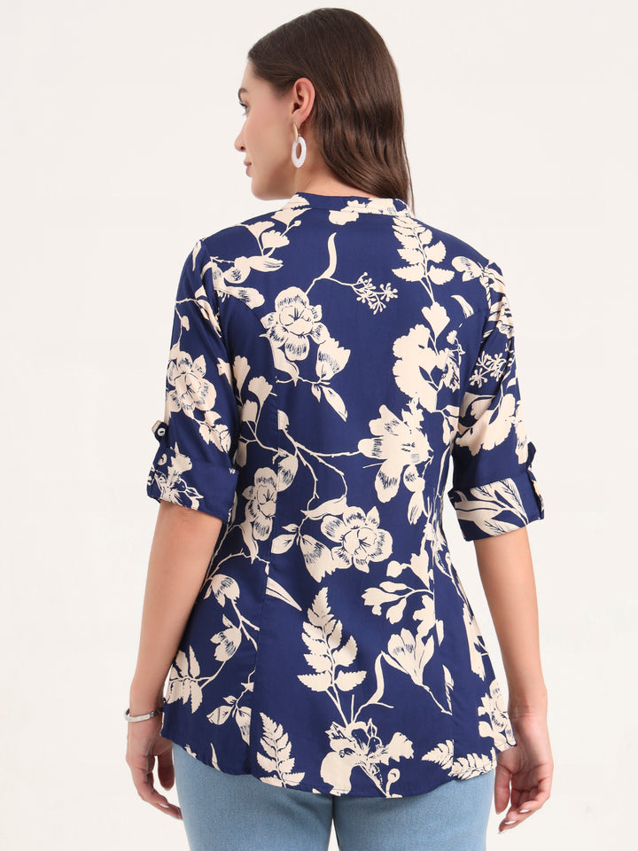 Divena Blue Rayon Rollup Sleeves A-Line Top