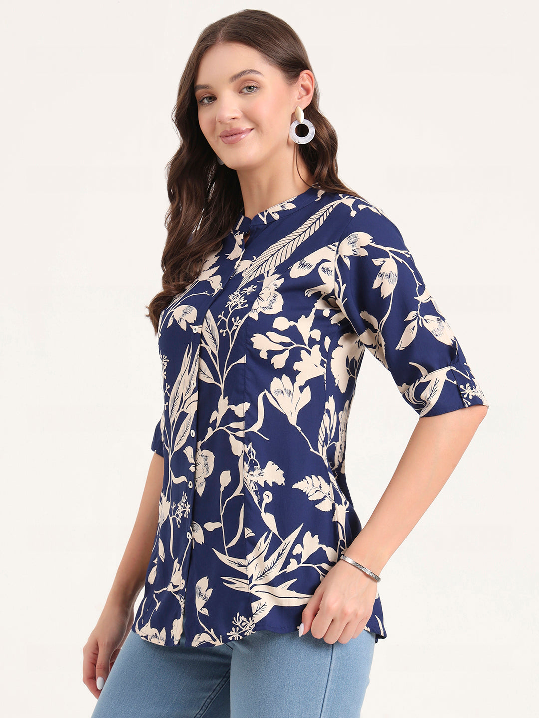 Divena Blue Rayon Rollup Sleeves A-Line Top